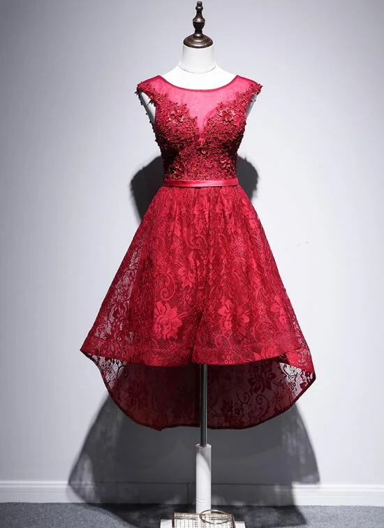 Beautiful High Low Lace Dark Red Party Dress, High Low Homecoming Dress Tunics Review highly Beautiful High Low Lace Dark Red Party Dress, High Low Homecoming Dress Tunics Review highly