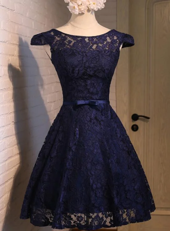 Beautiful Lace Navy Blue Short Party Dress, Lace Bridesmaid Dress Tunics Chic elegant Beautiful Lace Navy Blue Short Party Dress, Lace Bridesmaid Dress Tunics Chic elegant