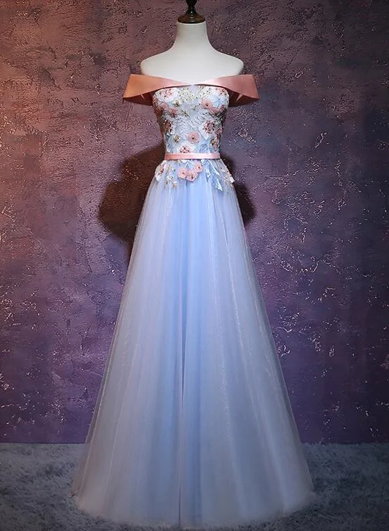 Beautiful Light Blue Off Shoulder Party Dress, Blue Prom Dress Tunics Floral girly
