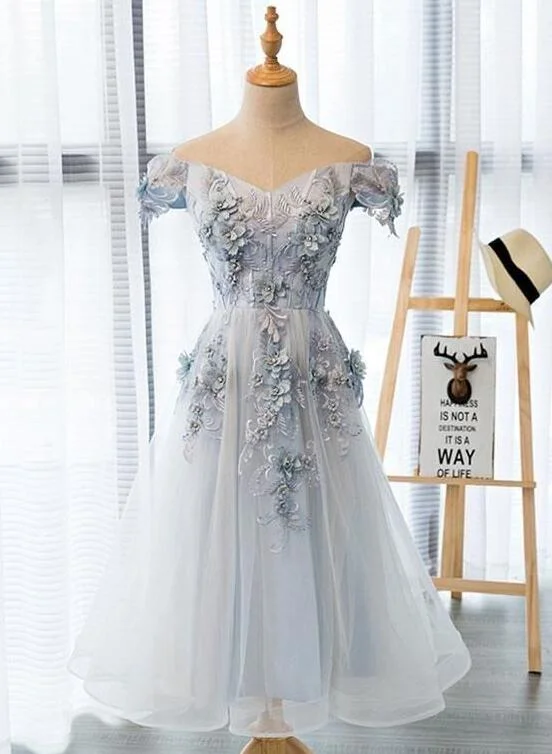 Beautiful Light Grey Flowers Tea Length Party Dress, Short Prom Dress Bodycon Fitted Nightout Beautiful Light Grey Flowers Tea Length Party Dress, Short Prom Dress Bodycon Fitted Nightout