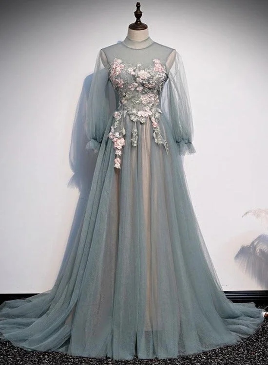 Beautiful Long Sleeves Tulle Party Dress with Lace Applique, A-line Wedding Party Dress Tunics Chinos classic Beautiful Long Sleeves Tulle Party Dress with Lace Applique, A-line Wedding Party Dress Tunics Chinos classic