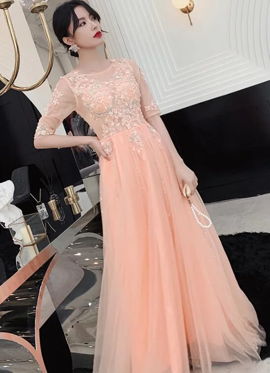 Beautiful Pink Short Sleeves Lace Long Party Dress, New Formal Gown Tunics Distressed trendy Beautiful Pink Short Sleeves Lace Long Party Dress, New Formal Gown Tunics Distressed trendy