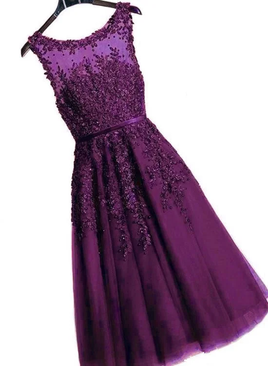 Beautiful Purple Tea Length Lace Applique Party Dress, Tulle with Lace Prom Dress Crew Neckline Casual Beautiful Purple Tea Length Lace Applique Party Dress, Tulle with Lace Prom Dress Crew Neckline Casual