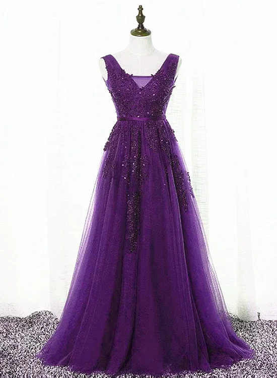 Beautiful Purple Tulle A-line Party Dress, Long Bridesmaid Dress Tunics Polka dots