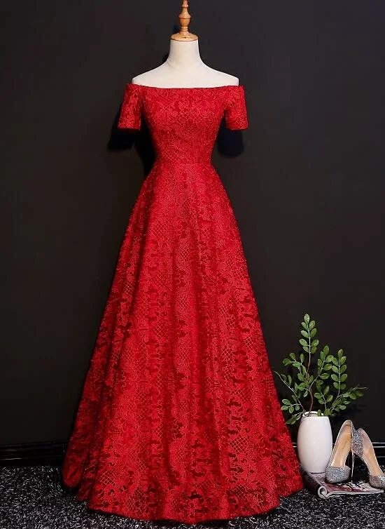 Beautiful Red Lace Off Shoulder Floor Length Party Dress, Red Formal Dress Tunics Print Colorful Beautiful Red Lace Off Shoulder Floor Length Party Dress, Red Formal Dress Tunics Print Colorful