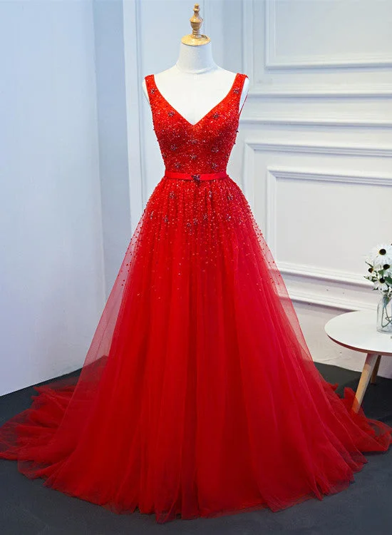 Beautiful Red Tulle Long Party Dress, V-neckline Prom Dress Glittery Long Formal