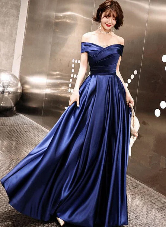 Beautiful Satin Navy Blue A-line Prom Dress, Off Shoulder Party Dress Tunics Plaid country Beautiful Satin Navy Blue A-line Prom Dress, Off Shoulder Party Dress Tunics Plaid country