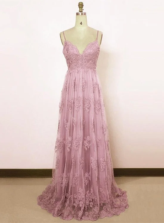 Beautiful Spaghetti Straps Lace Prom Dresses,Pink Lace A-line Party Dress Tunics Satin smooth Beautiful Spaghetti Straps Lace Prom Dresses,Pink Lace A-line Party Dress Tunics Satin smooth