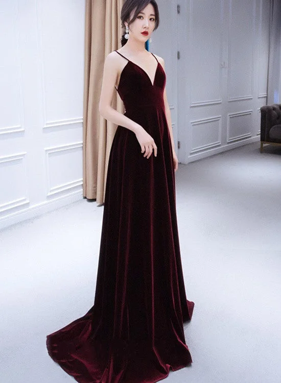 Beautiful V-neckline Straps Wine Red Velvet Prom Dress, Long Party Dress Mermaid Tail Wedding