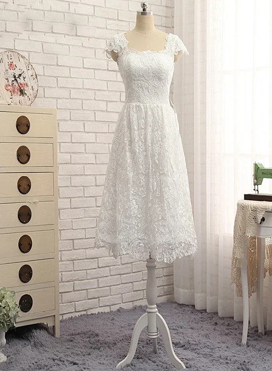 Beautiful White Lace Cap Sleeves Tea Length Party Dress, White Formal Dress Tunics Modern contemporary Beautiful White Lace Cap Sleeves Tea Length Party Dress, White Formal Dress Tunics Modern contemporary