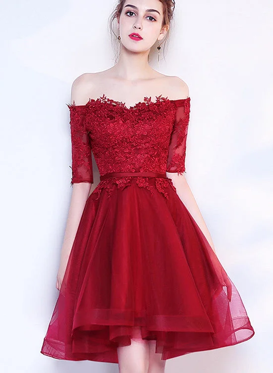Beautiful Wine Red Lace and Tulle Short Sleeves Party Dress, Dark Red Homecoming Dress Crew Neckline Casual Beautiful Wine Red Lace and Tulle Short Sleeves Party Dress, Dark Red Homecoming Dress Crew Neckline Casual