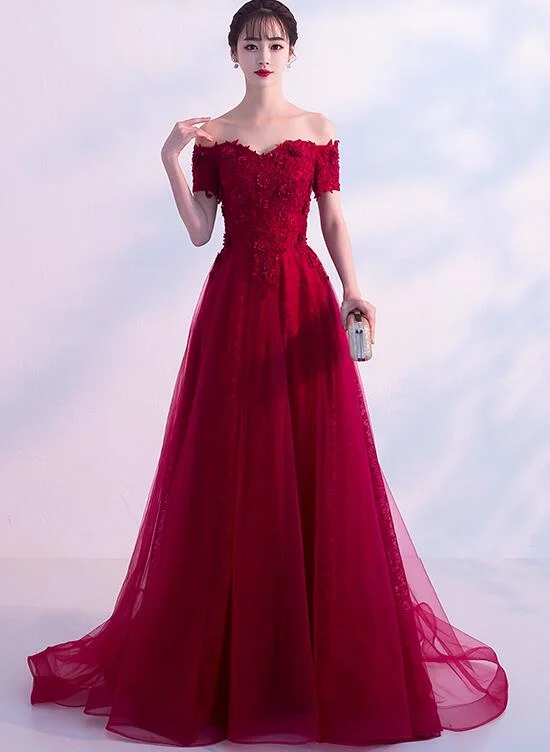 Beautiful Wine Red Lace Off Shoulder Party Dress, Burgundy Prom Dress Tunics Luxurious high-end Beautiful Wine Red Lace Off Shoulder Party Dress, Burgundy Prom Dress Tunics Luxurious high-end