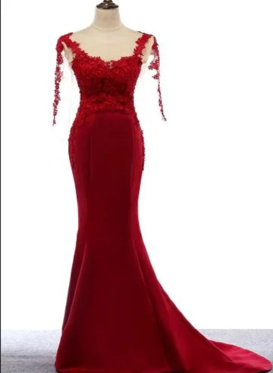Beautiful Wine Red Mermaid Long Party Dress, Dark Red Lace Formal Dress Tunics Yoga stretchy