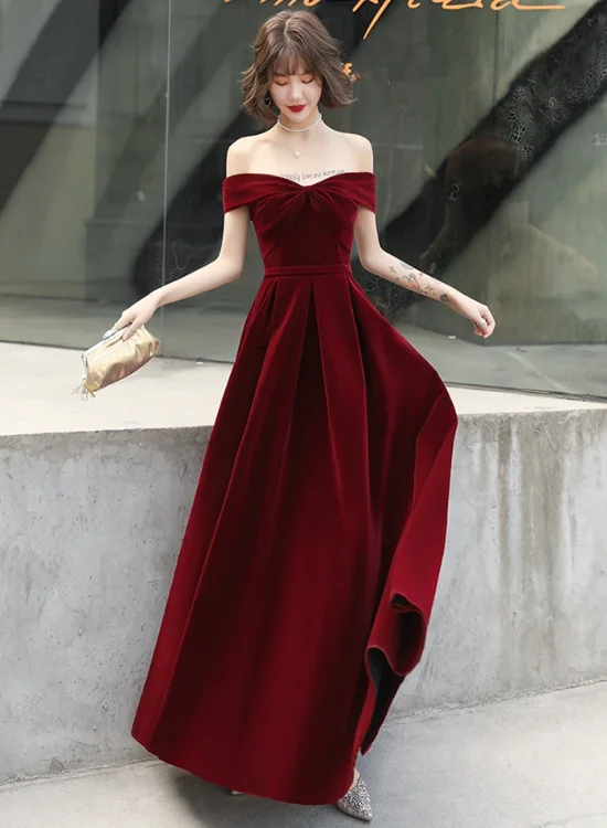 Beautiful Wine Red Off Shoulder Long Velvet Party Dress, Prom Dress Tunics Timeless classic Beautiful Wine Red Off Shoulder Long Velvet Party Dress, Prom Dress Tunics Timeless classic
