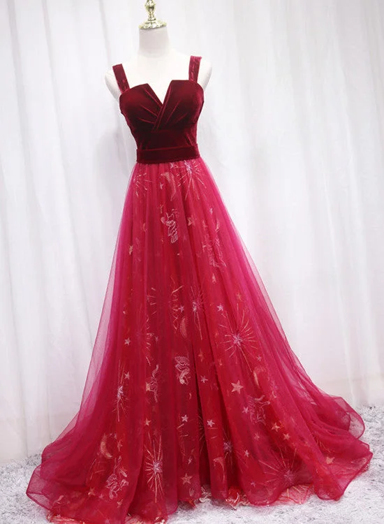 Beautiful Wine Red Tulle Long Straps Party Dress, A-line Formal Gown Tunics Chic elegant Beautiful Wine Red Tulle Long Straps Party Dress, A-line Formal Gown Tunics Chic elegant