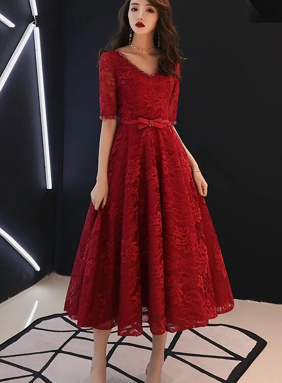 Beautiful Wine Red V-neckline Tea Length Party Dress, Lace Bridesmaid Dress Boat Neckline Classic Beautiful Wine Red V-neckline Tea Length Party Dress, Lace Bridesmaid Dress Boat Neckline Classic