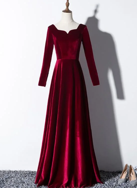 Beautiful Wine Red Velvet Long Sleeves Party Dress, Long Prom Dress Satin Halter Glamorous Beautiful Wine Red Velvet Long Sleeves Party Dress, Long Prom Dress Satin Halter Glamorous