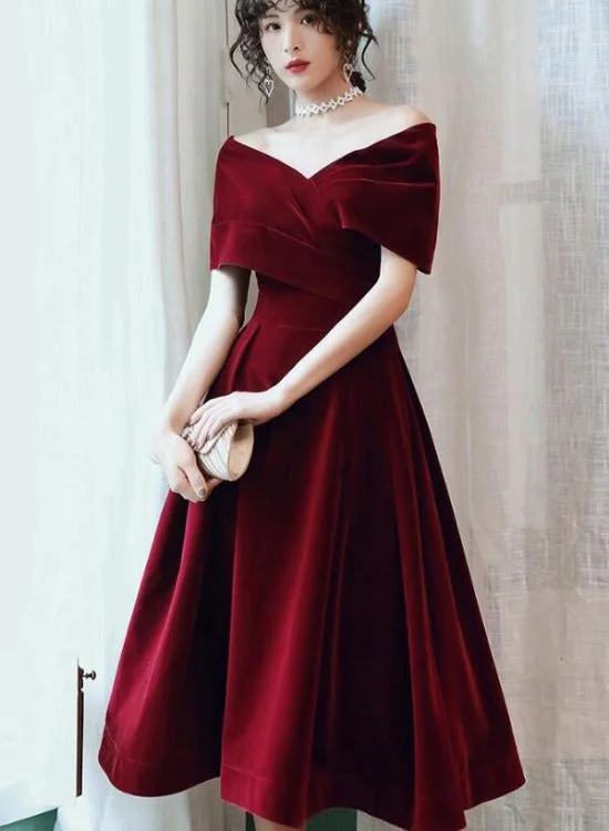 Beautiful Wine Red Velvet Tea Length Party Dress, Bridesmaid Dress Tunics Denim casual Beautiful Wine Red Velvet Tea Length Party Dress, Bridesmaid Dress Tunics Denim casual