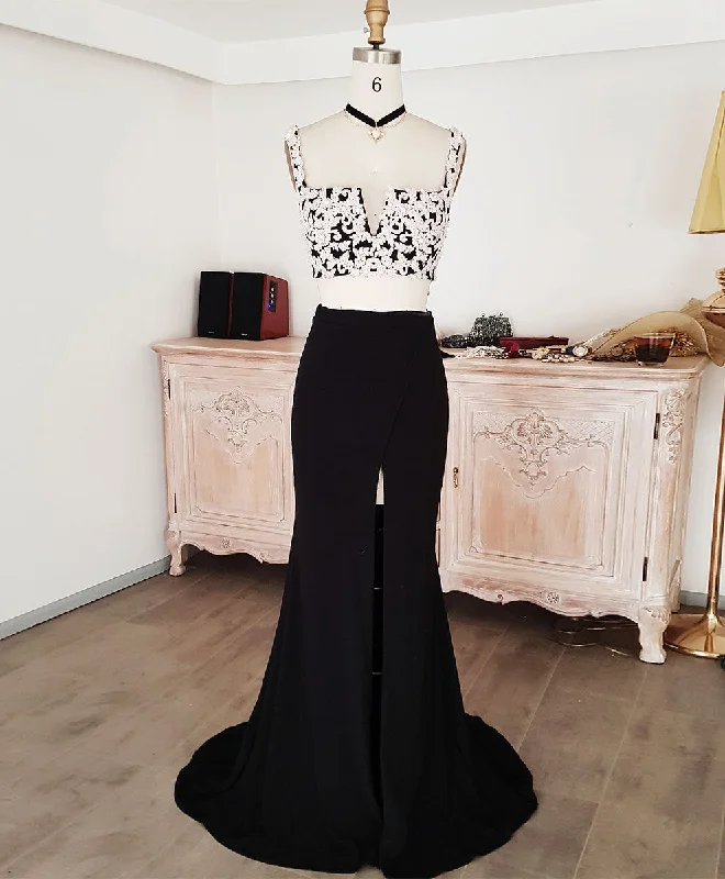 Black Lace Two Pieces Long Prom Dress, Black Evening Dress with Lace Beading Tunics Essential wardrobe Black Lace Two Pieces Long Prom Dress, Black Evening Dress with Lace Beading Tunics Essential wardrobe