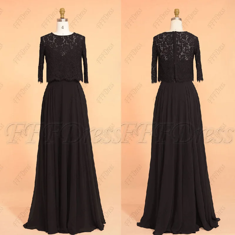 Black modest formal evening dresses with sleeves lace bolero Tunics Canvas sturdy