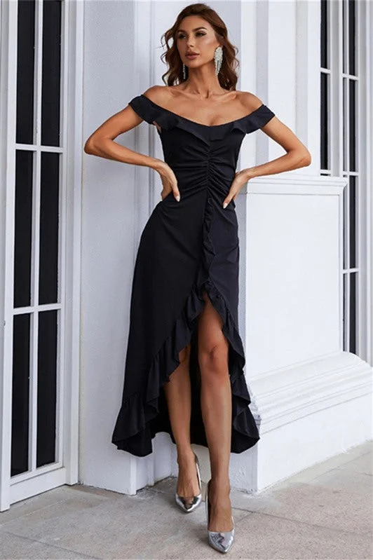 Black Off the Shoulder High Low Party Dress Crew Neckline Sporty
