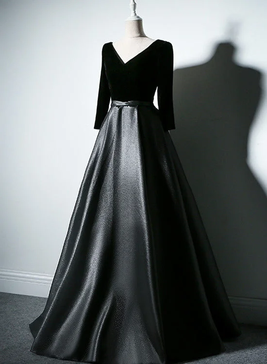 Black Satin And Velvet Long Sleeves Party Dress, Black Wedding Party Dresses Cowl Neckline Elegant Black Satin And Velvet Long Sleeves Party Dress, Black Wedding Party Dresses Cowl Neckline Elegant