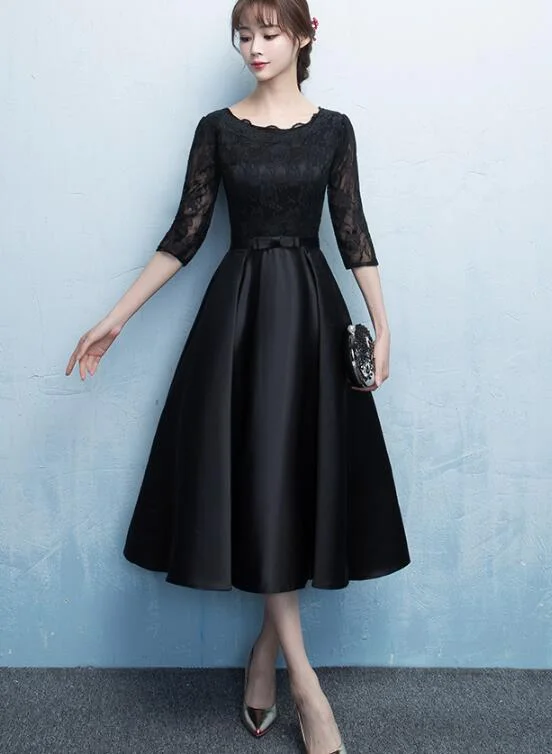 Black Satin Tea Length Party Dress, Black Prom Dress Tunics Hiking breathable