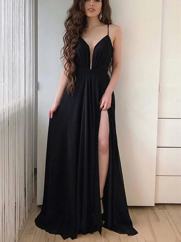 Black Spaghetti Straps Long Prom Dress With Slit, V Neck Black Long Formal Evening Dress Mermaid Tail Wedding