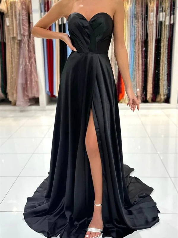 Black Strapless Satin Long Prom Dress, A Line Black Evening Dress with Slit Tunics Leisure comfortable