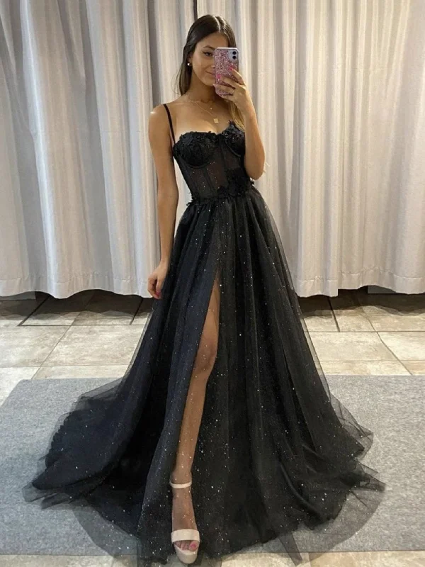 Black sweetheart neck tulle long prom dress, black tulle evening dress Shift Classic Vintage Black sweetheart neck tulle long prom dress, black tulle evening dress Shift Classic Vintage