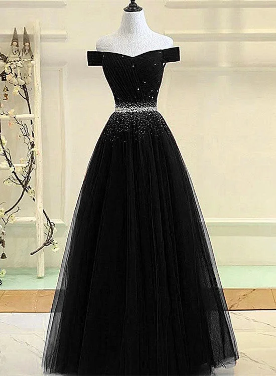 Black Tulle A-line Long Party Dress, Black Prom Dress Tunics Wedding white