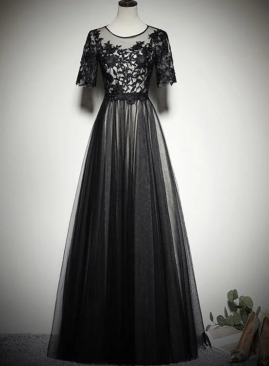 Black Tulle Long Prom Dress , Black Party Dress with Lace Applique Lace Sexy Club