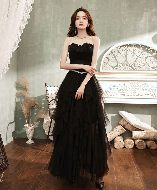 Black Aline Tulle Long Prom Dress, Black Formal Evening Dress with Feather Tunics Chic fashionable Black Aline Tulle Long Prom Dress, Black Formal Evening Dress with Feather Tunics Chic fashionable