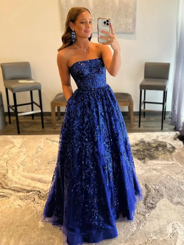 Blue A line tulle sequin long prom dress, blue tulle evening dress Peplum Ruffle Cocktail Blue A line tulle sequin long prom dress, blue tulle evening dress Peplum Ruffle Cocktail