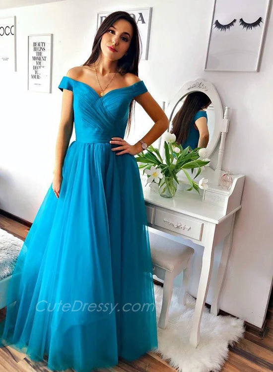 Blue Off Shoulder Tulle Handmade Prom Dress, A-line Party Dress Tunics Fall fleece