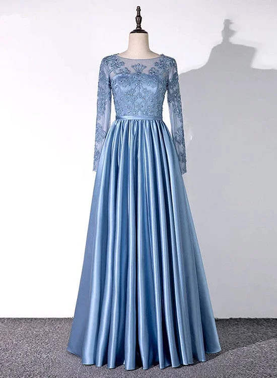 Blue Satin A-line Long Sleeves Party Dress, Blue Evening Gown Tunics Solid Classic