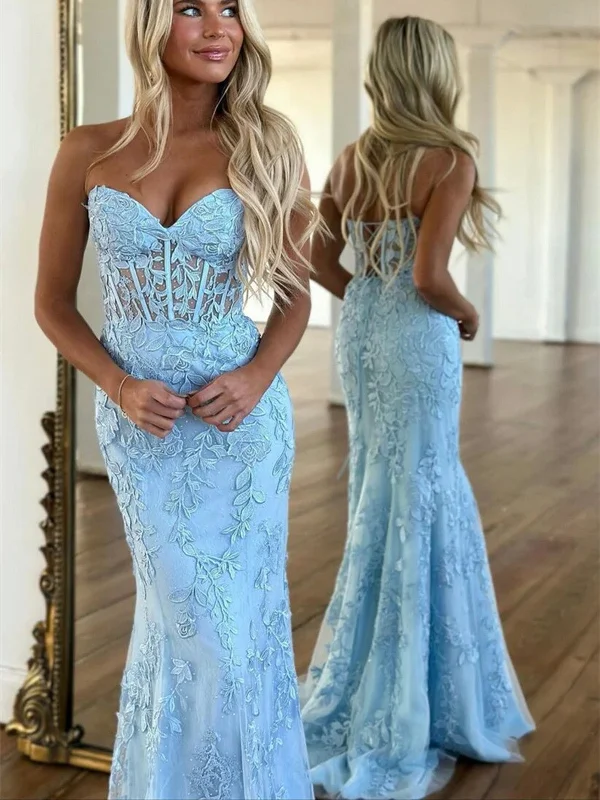 Blue Strapless Tulle Long Prom Dress with Lace, Mermaid Evening Dress Halter Neckline Beach Blue Strapless Tulle Long Prom Dress with Lace, Mermaid Evening Dress Halter Neckline Beach