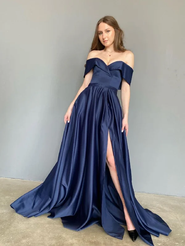 Blue Sweetheart Off Shoulder Satin Long Prom Dress, Blue Formal Graduation Party Dress Tunics Silk luxurious Blue Sweetheart Off Shoulder Satin Long Prom Dress, Blue Formal Graduation Party Dress Tunics Silk luxurious