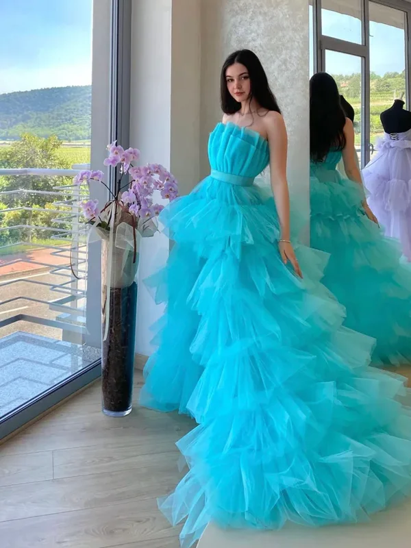 Blue Tulle High Low Prom Dresses, Blue Tulle High Low Long Formal Evening Dresses Tunics Short Trendy Blue Tulle High Low Prom Dresses, Blue Tulle High Low Long Formal Evening Dresses Tunics Short Trendy