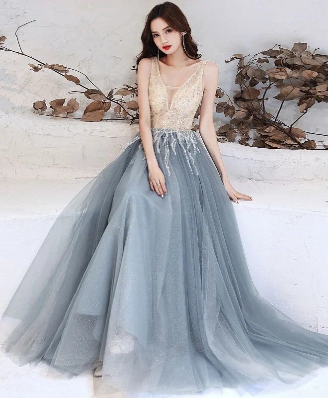 Gray Blue Tulle V Neck Sequin Long Prom Dress Blue Formal Evening Dress Boat Neckline Classic Gray Blue Tulle V Neck Sequin Long Prom Dress Blue Formal Evening Dress Boat Neckline Classic