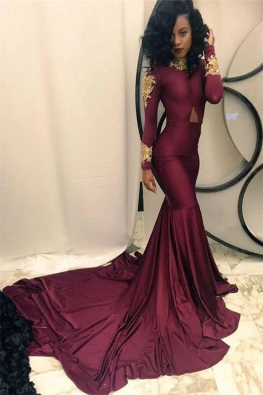 Bridelily Gold Appliques Burgundy Mermaid Evening Dress High Neck Long Sleeves 2019 Prom Dresses qq0103 Tunics Exclusive limited Bridelily Gold Appliques Burgundy Mermaid Evening Dress High Neck Long Sleeves 2019 Prom Dresses qq0103 Tunics Exclusive limited
