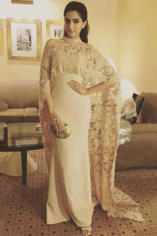 Bridelily Arabic Mermaid Long Evening Gowns with High Neck Sheer Lace Cape Party Dresses sweetheart Neckline Romantic Bridelily Arabic Mermaid Long Evening Gowns with High Neck Sheer Lace Cape Party Dresses sweetheart Neckline Romantic