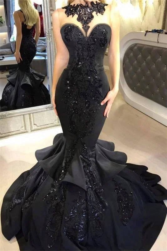A| Bridelily Black Mermaid Beads Prom Dresses Appliques Evening Dresses Tunics Vintage classic