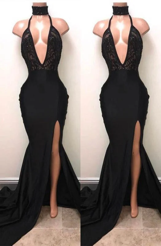 A| Bridelily Sexy Black Mermaid Prom Dress | 2019 V-Neck Evening Dress With Slit Tunics Sale discount A| Bridelily Sexy Black Mermaid Prom Dress | 2019 V-Neck Evening Dress With Slit Tunics Sale discount