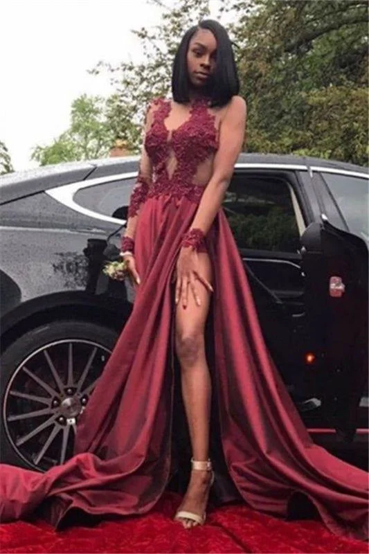 Bridelily Burgundy A-Line Long Sleeves Prom Dresses 2019 Appliques Side Slit Evening Dresses SK0107 Tunics Practical durable Bridelily Burgundy A-Line Long Sleeves Prom Dresses 2019 Appliques Side Slit Evening Dresses SK0107 Tunics Practical durable