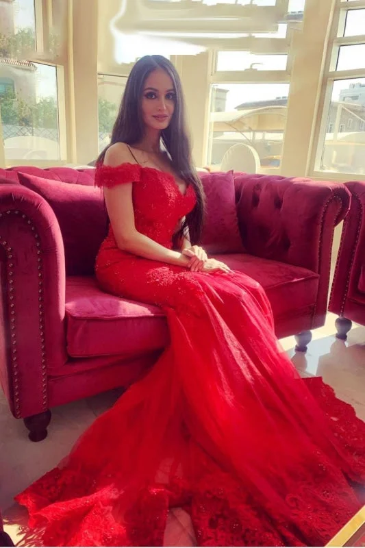 Bridelily Glamorous Off-the-shoulder Lace Appliques Red Mermaid Evening Dress Tunics Favorite customer Bridelily Glamorous Off-the-shoulder Lace Appliques Red Mermaid Evening Dress Tunics Favorite customer