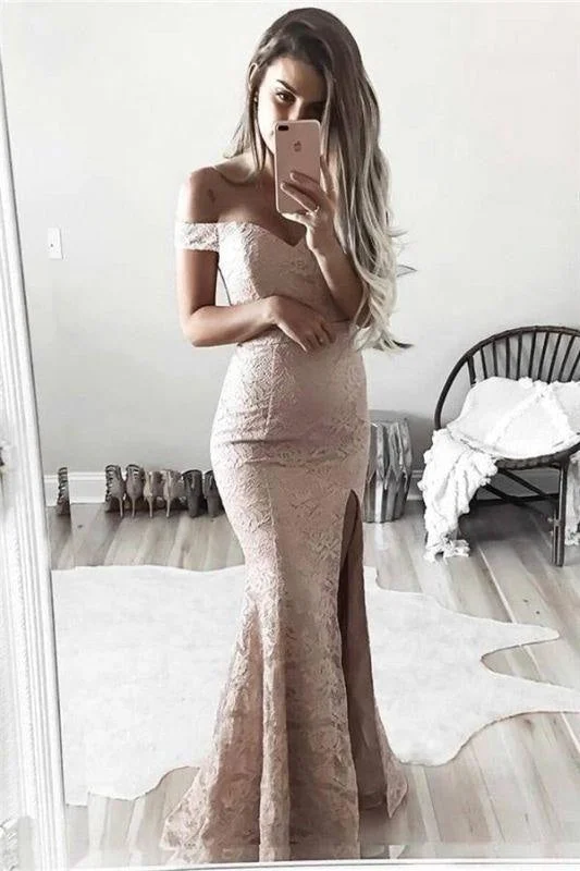 Bridelily Gorgeous Off-the-Shoulder Mermaid Lace Split Evening Dress Tunics Bestseller popular Bridelily Gorgeous Off-the-Shoulder Mermaid Lace Split Evening Dress Tunics Bestseller popular