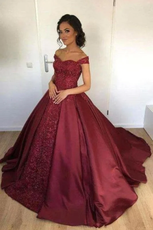 Bridelily Off-the-Shoulder Burgundy Lace Appliques Ball-Gown Evening Dress Tunics Brand named Bridelily Off-the-Shoulder Burgundy Lace Appliques Ball-Gown Evening Dress Tunics Brand named