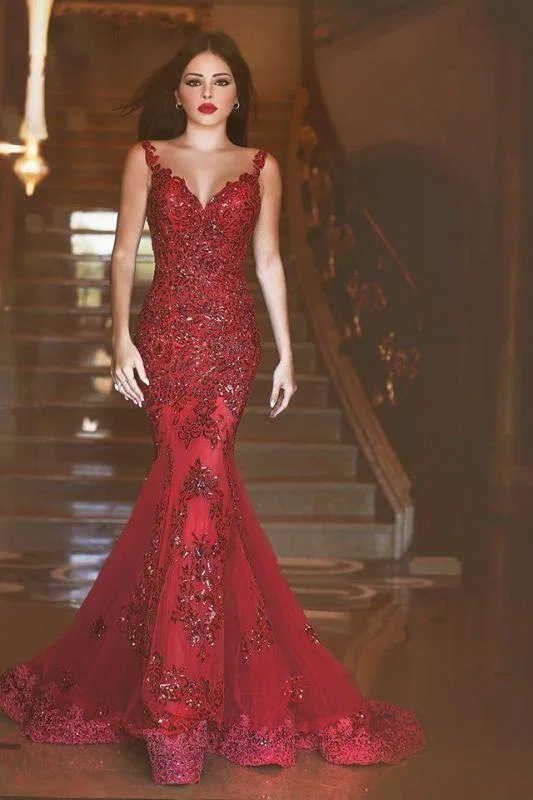 Bridelily Red Sexy Crystal Mermaid Evening Dress Vintage Spaghetti Strap Tulle Long Formal Occasion Dress Bodycon Fitted Nightout