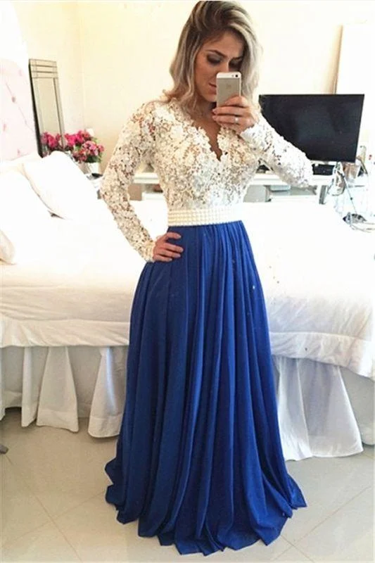 Bridelily Royal Blue Lace V Neck Popular Evening Dress with Long Sleeve Pearl Belt Long Prom Dresses BMT017 Tunics Denim casual Bridelily Royal Blue Lace V Neck Popular Evening Dress with Long Sleeve Pearl Belt Long Prom Dresses BMT017 Tunics Denim casual